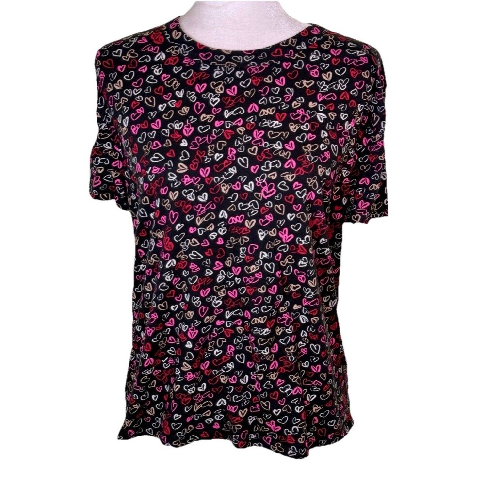 Women’s Black Heart Print T Shirt‎ Valentines Romantic Lovecore Cute Size Medium